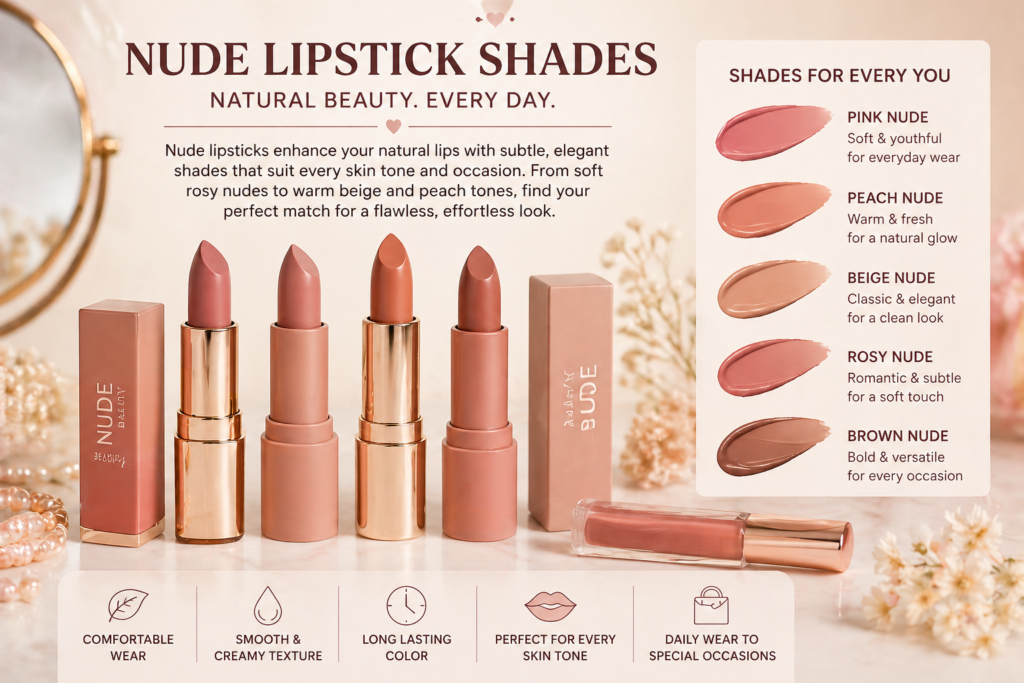nude lipstick shades collection with pink peach beige and brown tones