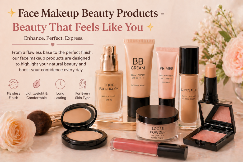 flawless face makeup products collection with foundation primer concealer and glowing finish