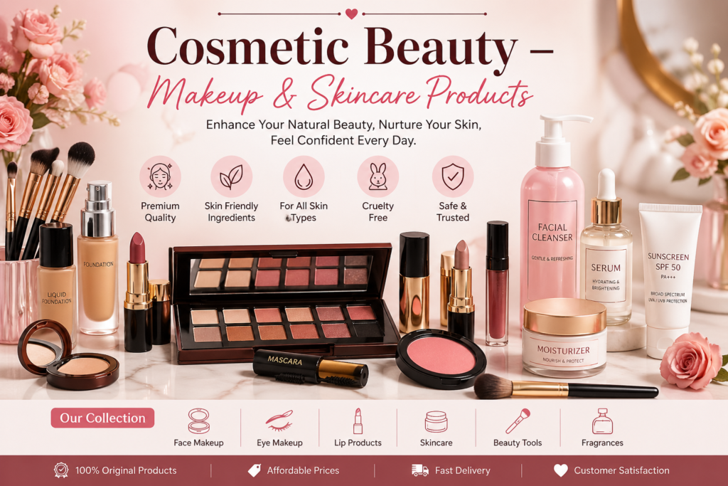 Cosmetic beauty makeup and skincare products collection display